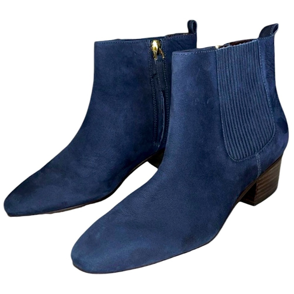 Talbots navy blue stacked heel zip closure suede ankle boot Sz 7m